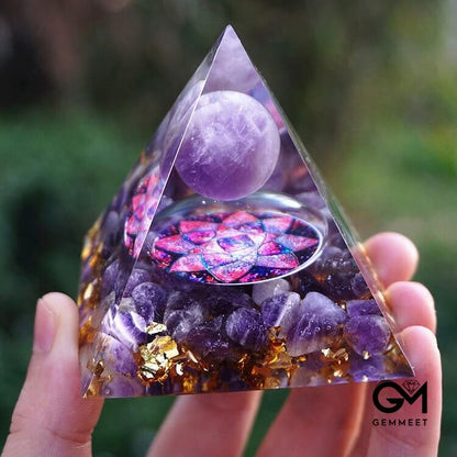 Amethyst Sphere with Amethyst Crystals Orgone Pyramid