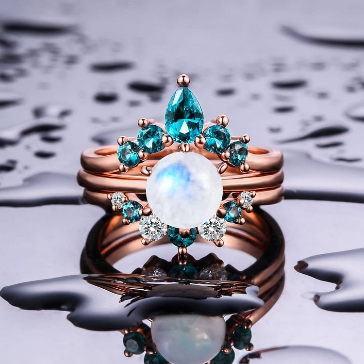 Blue Topaz Moonstone Crown Design Layered Ring