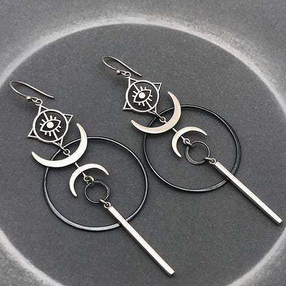 Geometric Round Crescent Evil Eye Witch Long Earrings