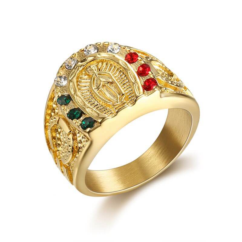 HIPHOP Ring Titanium Steel Gold-plated Color Zircon Virgin Mary Men's Ring