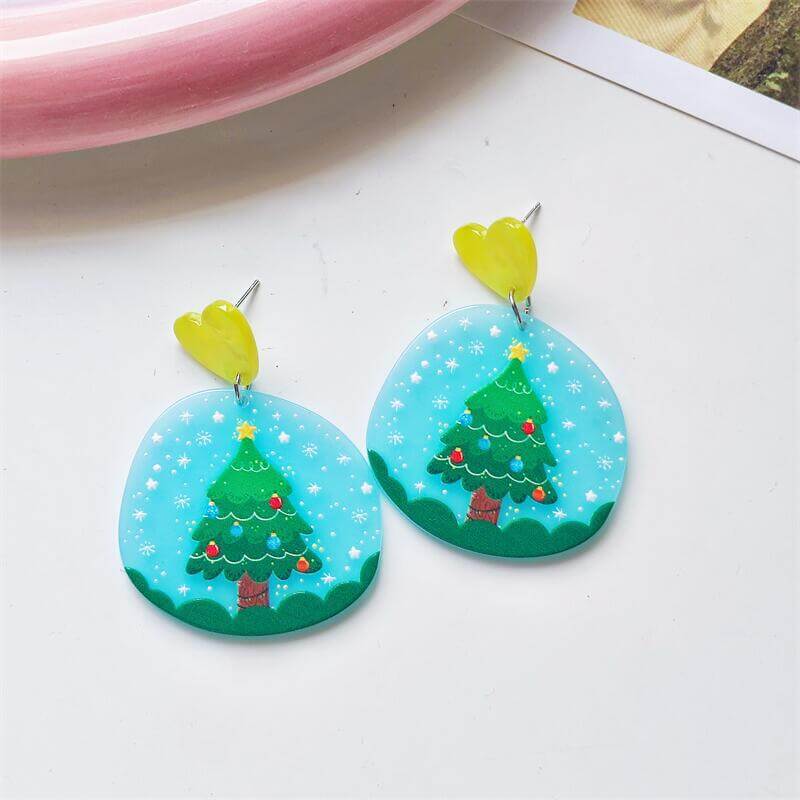 Christmas Vintage Embossed Print Holiday Acrylic Earrings Elk Snowman Christmas Tree