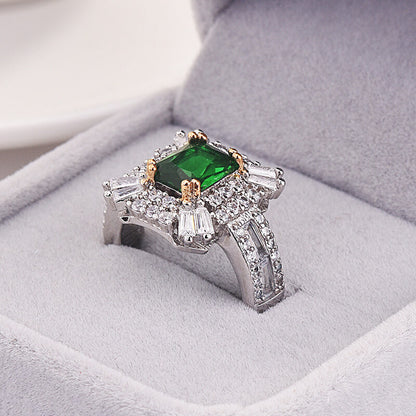 Emerald and Zirconia Square Princess Ring Micro Pave Diamond Engagement Ring