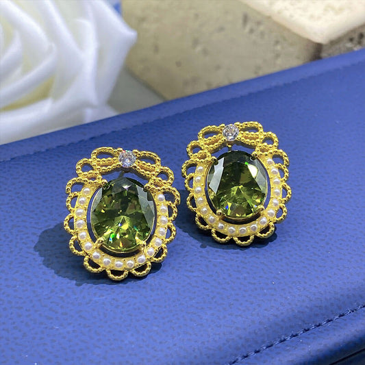 Olive Green Retro Elegant Lush Forest Green Crystal Pearl Stud Earrings