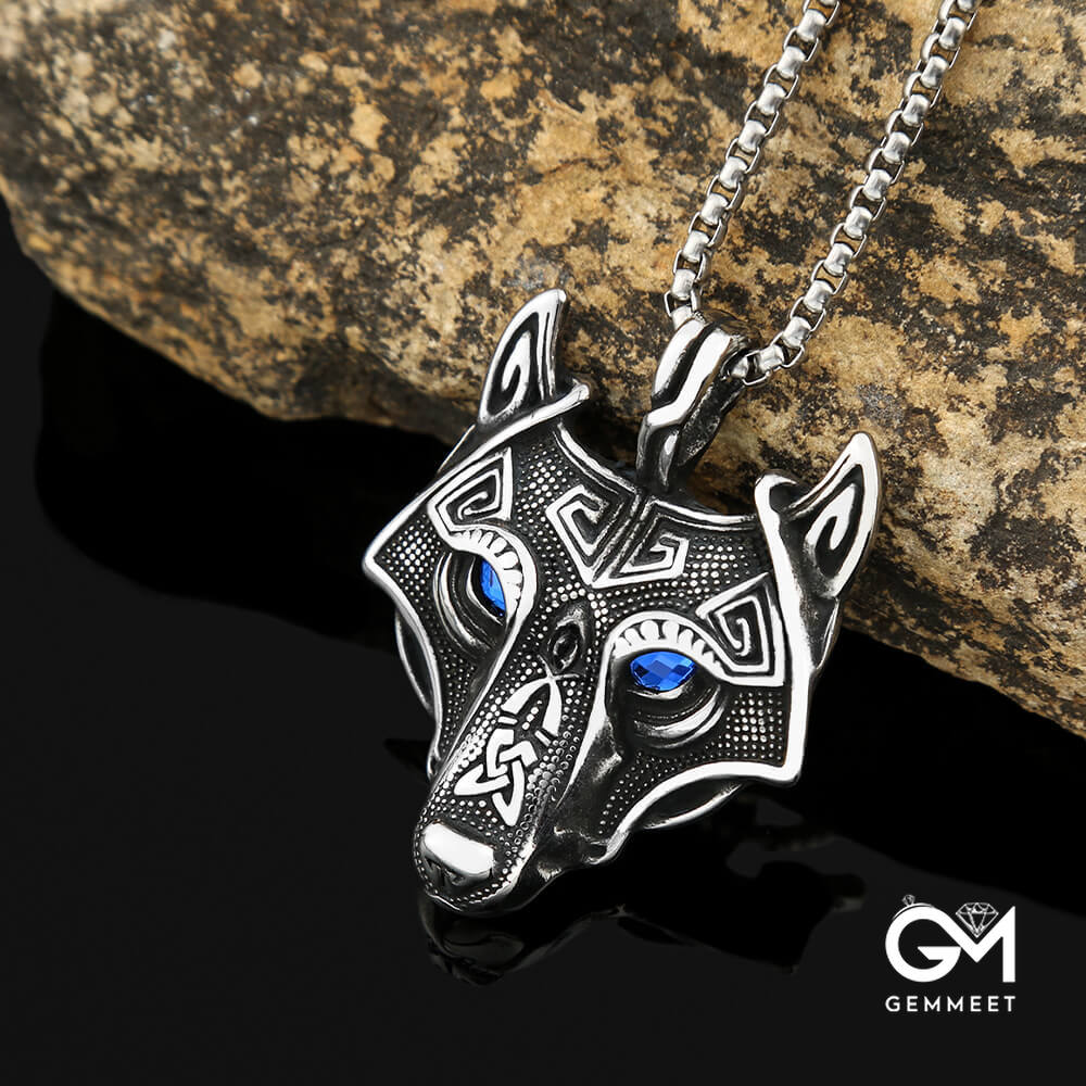 Zircon Eye Wolf Head Stainless Steel Necklace