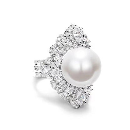 A Two-wear Artificial Mother-of-pearl Pearl Ring Heavy Industry Luxury Exaggerated All-match High Carbon Diamond Female Ring