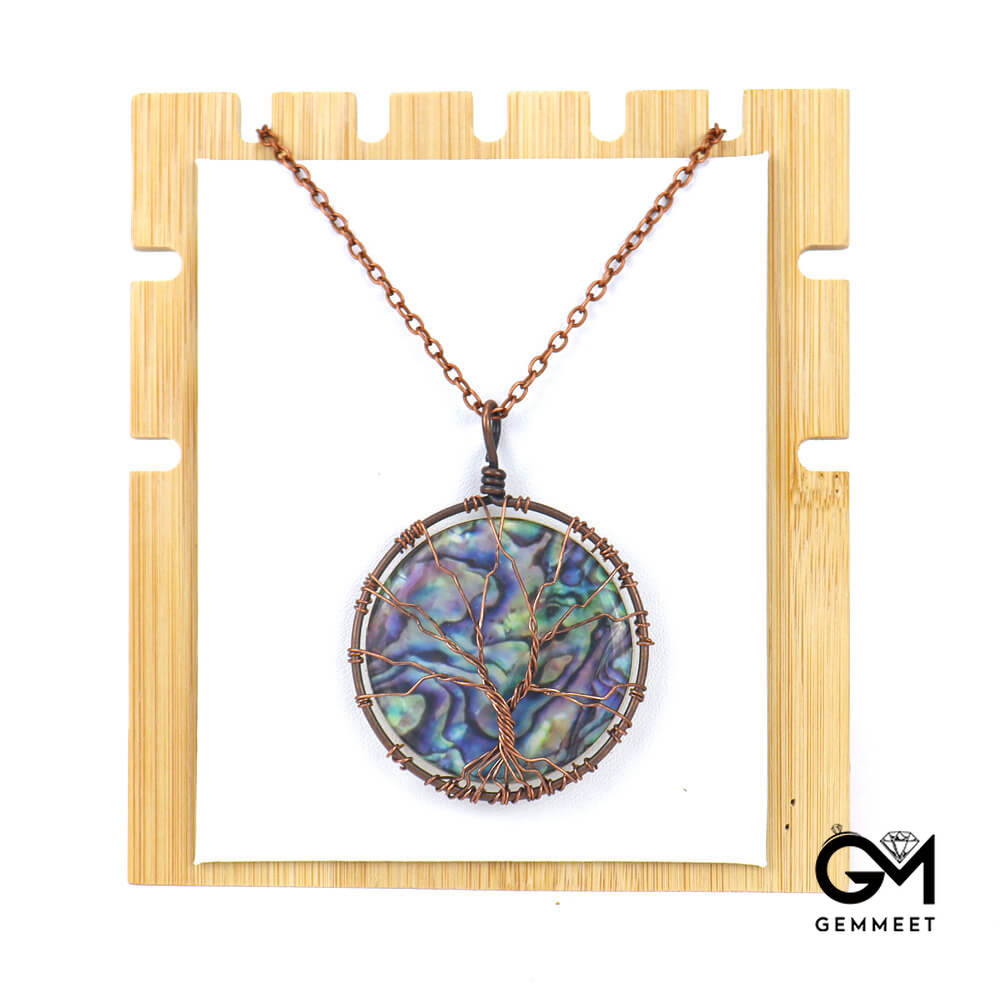 Synthetic Abalone Shell Tree of Life Disc Pendant Necklace