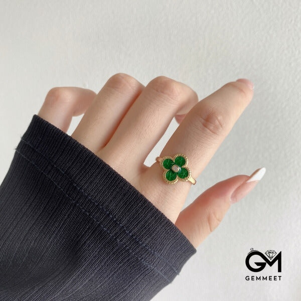 S925 Sterling Silver Green Four-leaf Clover Ring