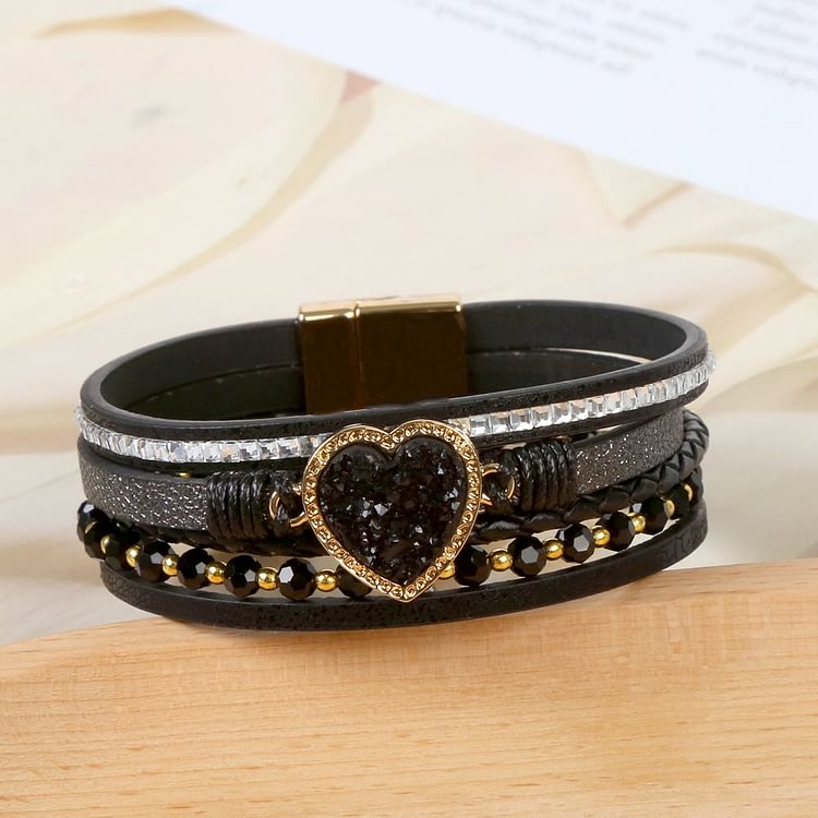 Heart Shape Cluster Multilayer Braided Leather Bracelet