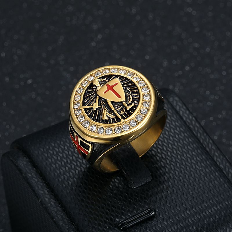 Hip Hop Golden Vintage Templar Red Cross Shield Ring