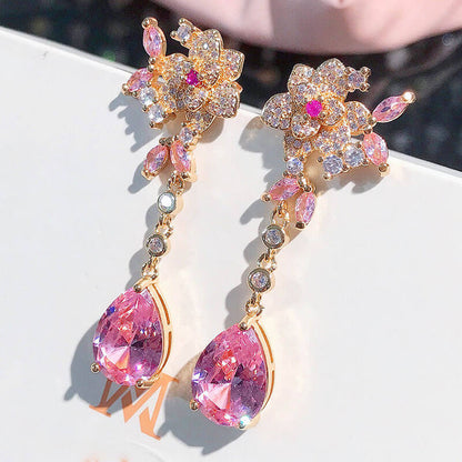 Flower Stud Earrings Three-dimensional Rose Pink Drop-shaped Gemstone Earrings Crystal Long Earrings