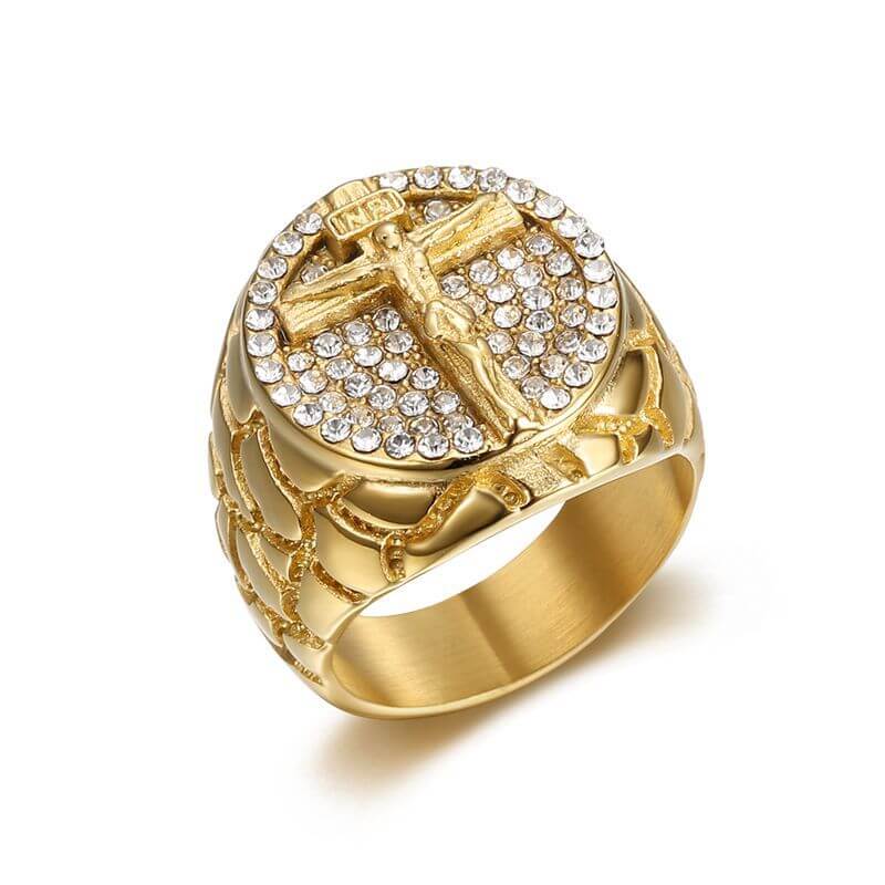 Hip Hop Ring Titanium Steel Vacuum Gold-plated Synthetic Cubic Zirconia Cross Men's Ring