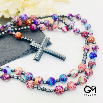 Purple Emperor Stone Cross Pandant Rosary Necklace