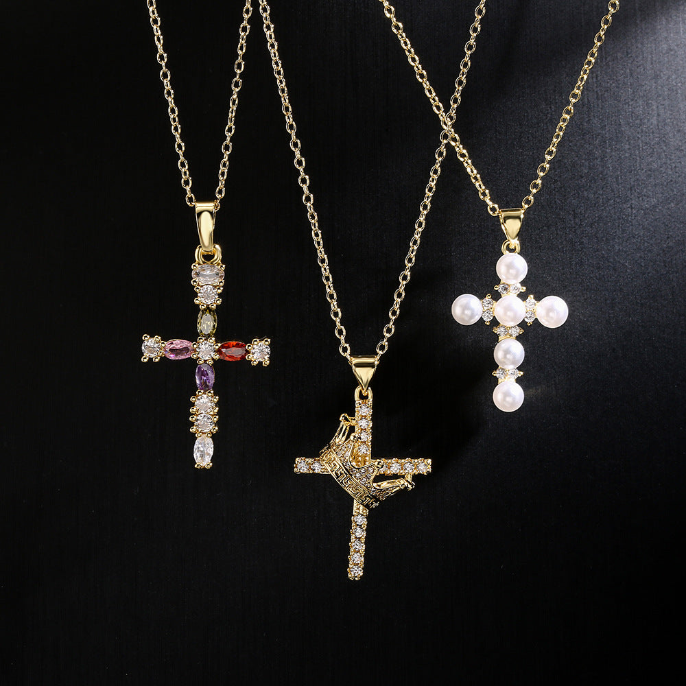 3 Style Full Stones Cross Pendant Necklace