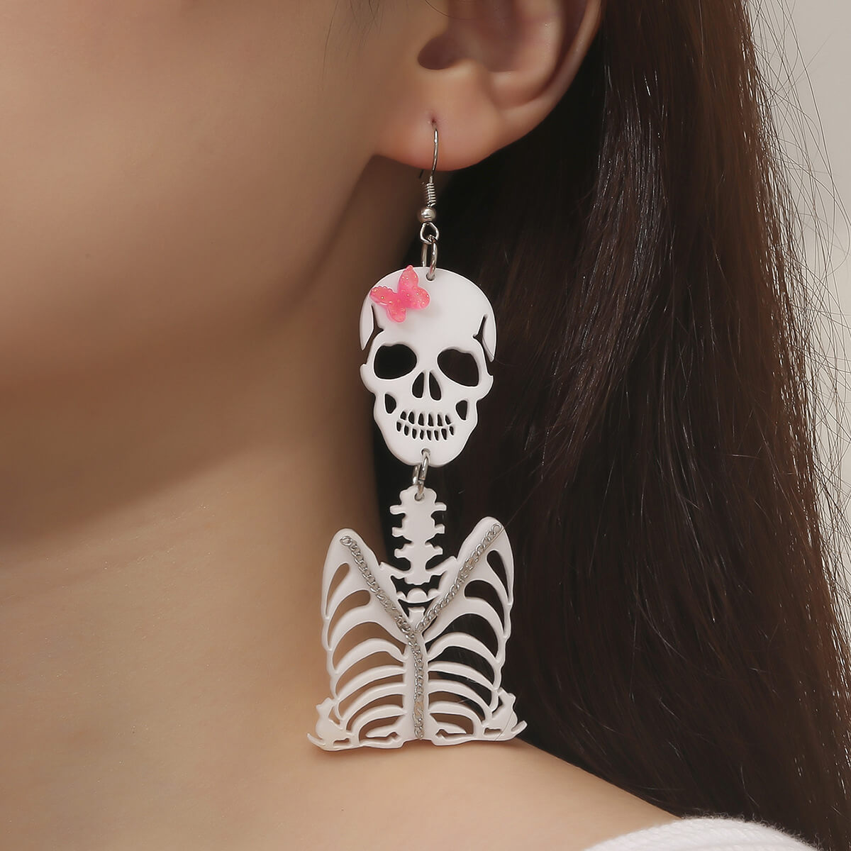 Halloween Harajuku Subculture Punk Goth Chain Skeleton Butterfly Skull Earrings