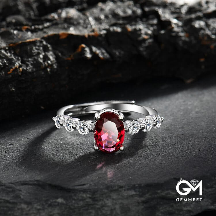 Oval Ruby Quartz Zircon Adjustable Ring