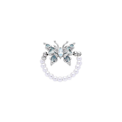 Retro Temperament Blue Oil Drop Butterfly Pearl Ring