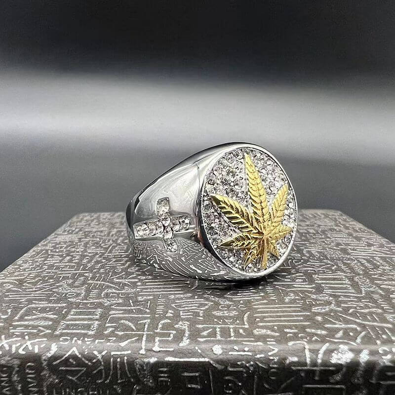 HIPHOP Titanium Steel Gold Maple Leaf Cubic Zirconia Cross Men's Ring