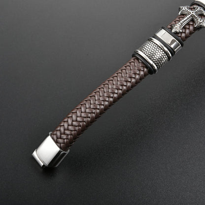 Cross Leather Braided Bracelet with Magnetic Buckle for Men