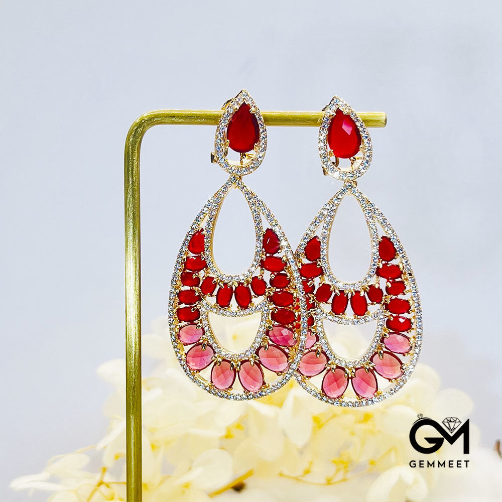 Pear-Shaped Center Hollow Red Stone Pendant Earrings