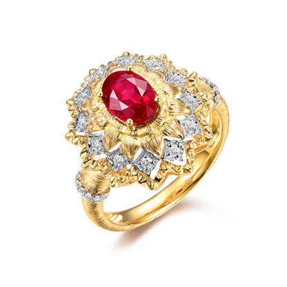 Palace Style Textured Gold Carving Process Simulation Pigeon Blood Ruby Two-color Gold and Red Diamond Hand-drawn Ring