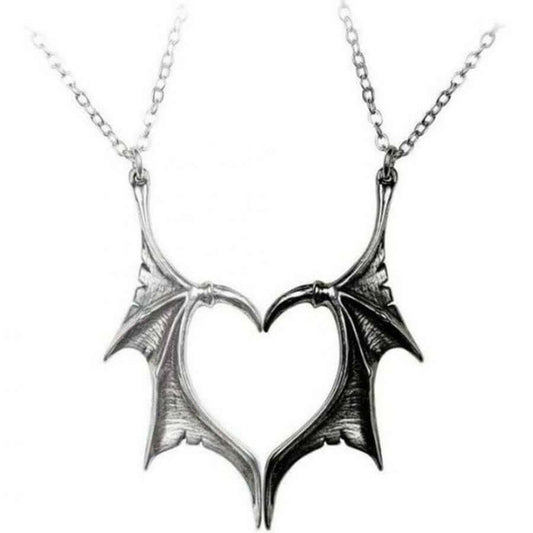 Vintage Bat Wing Heart Couples Necklace