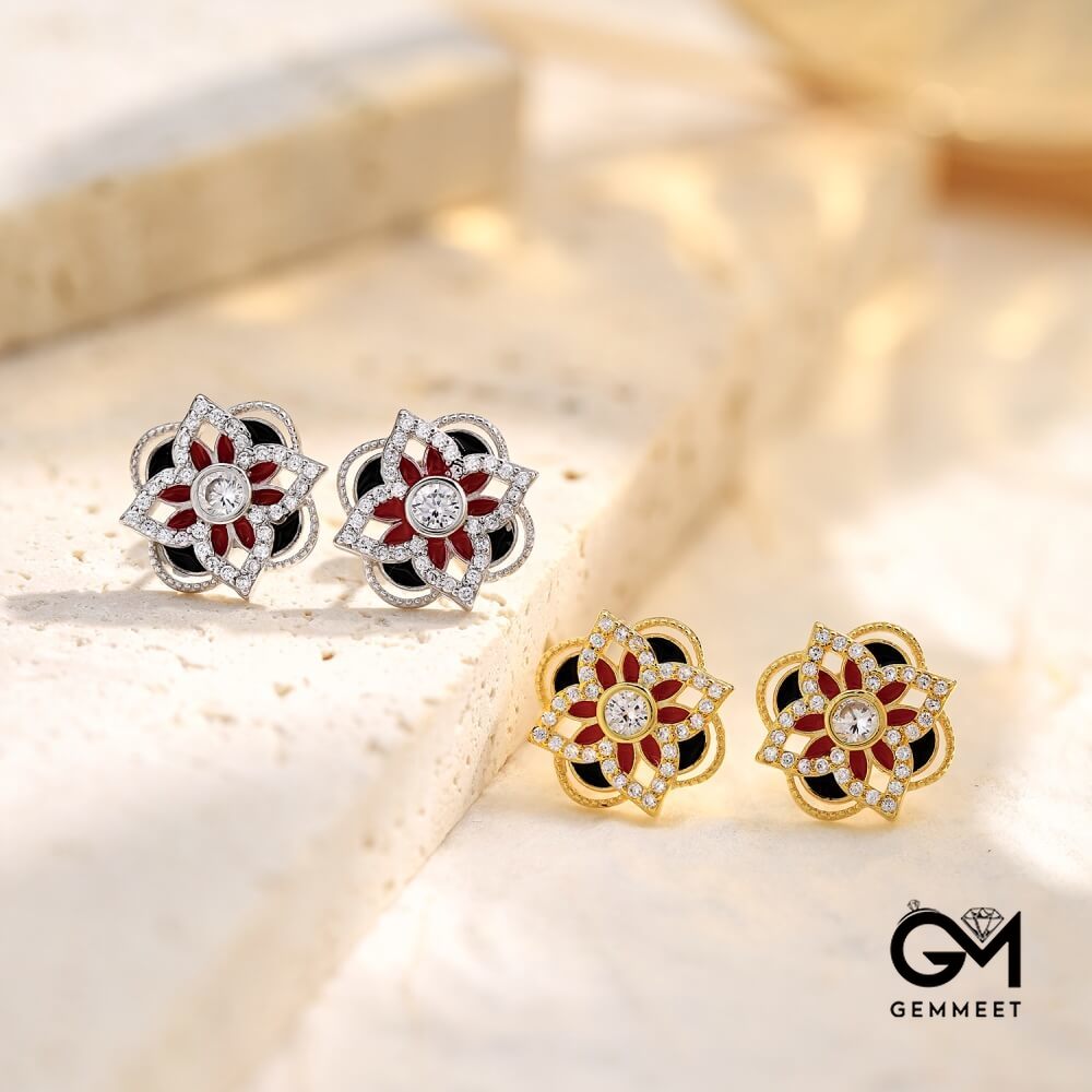 S925 Sterling Silver Four-leaf Clover Flowers Red Black Earrings