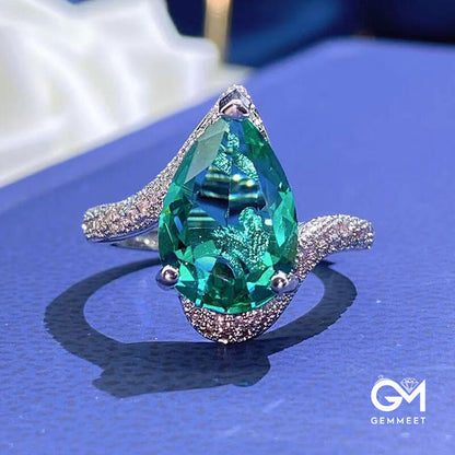 Simulated Paraiba Tourmaline Ring Large Carat Water Drop Pear-shaped Synthetic Color Gemstone Ring