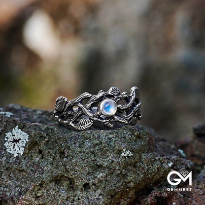 Retro Branch Leaf Hollow Moonstone Ring