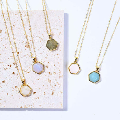 Gold Wire Natural Hexagon Gemstone Necklace