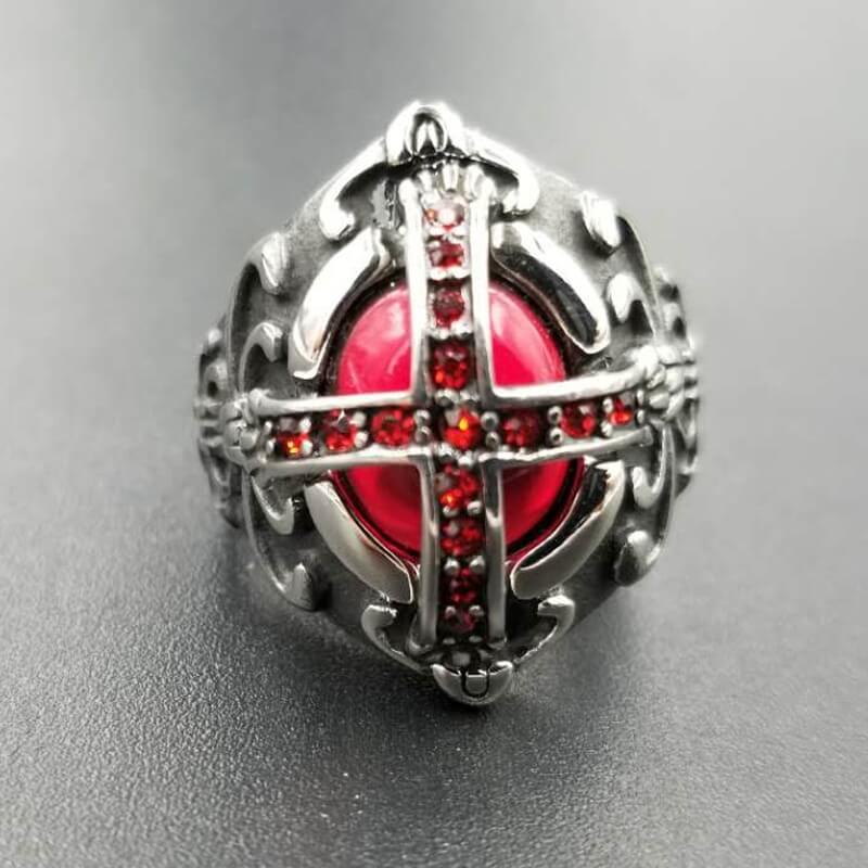 Gothic Ruby Cross and Diamond Ring for Men