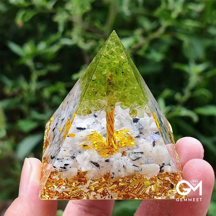 Moonstone with Peridot Tree Of Life Orgone Pyramid