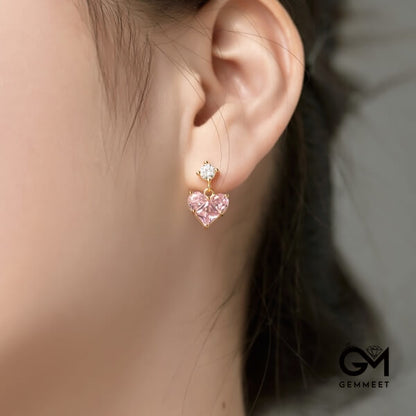 S925 Sterling Silver Pink Heart White Zircon Splicing Earrings