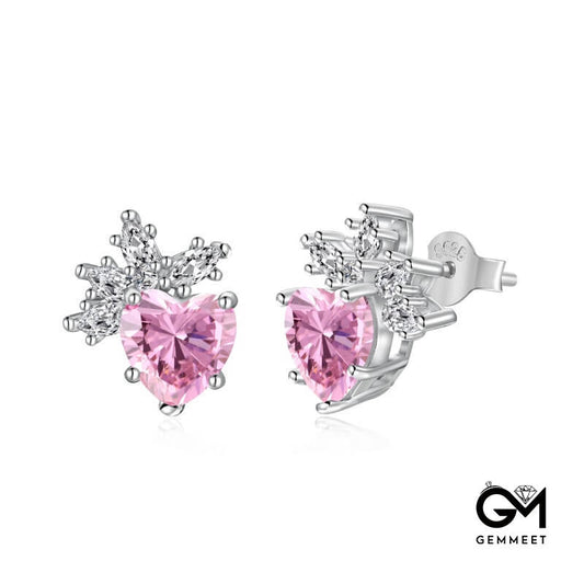 S925 Sterling Silver Pink Heart White Stud Earrings