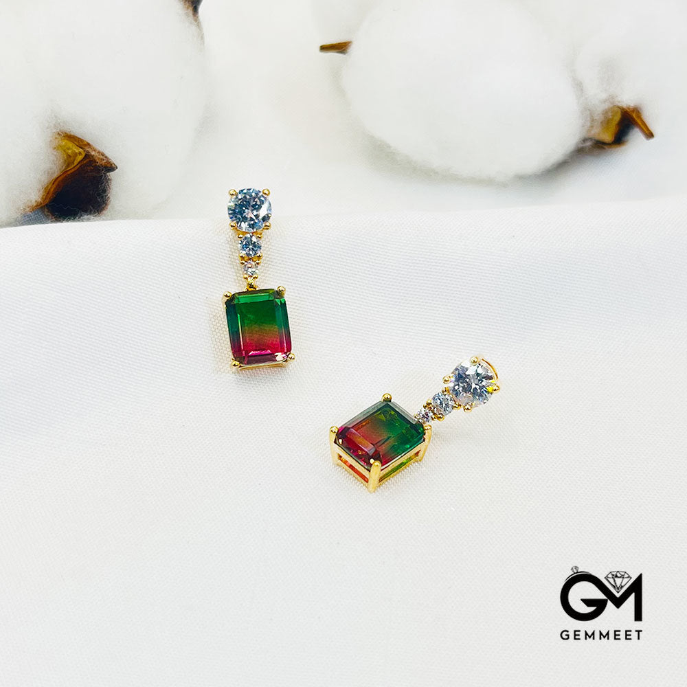 Green-Red Gradient Square Stone Earrings