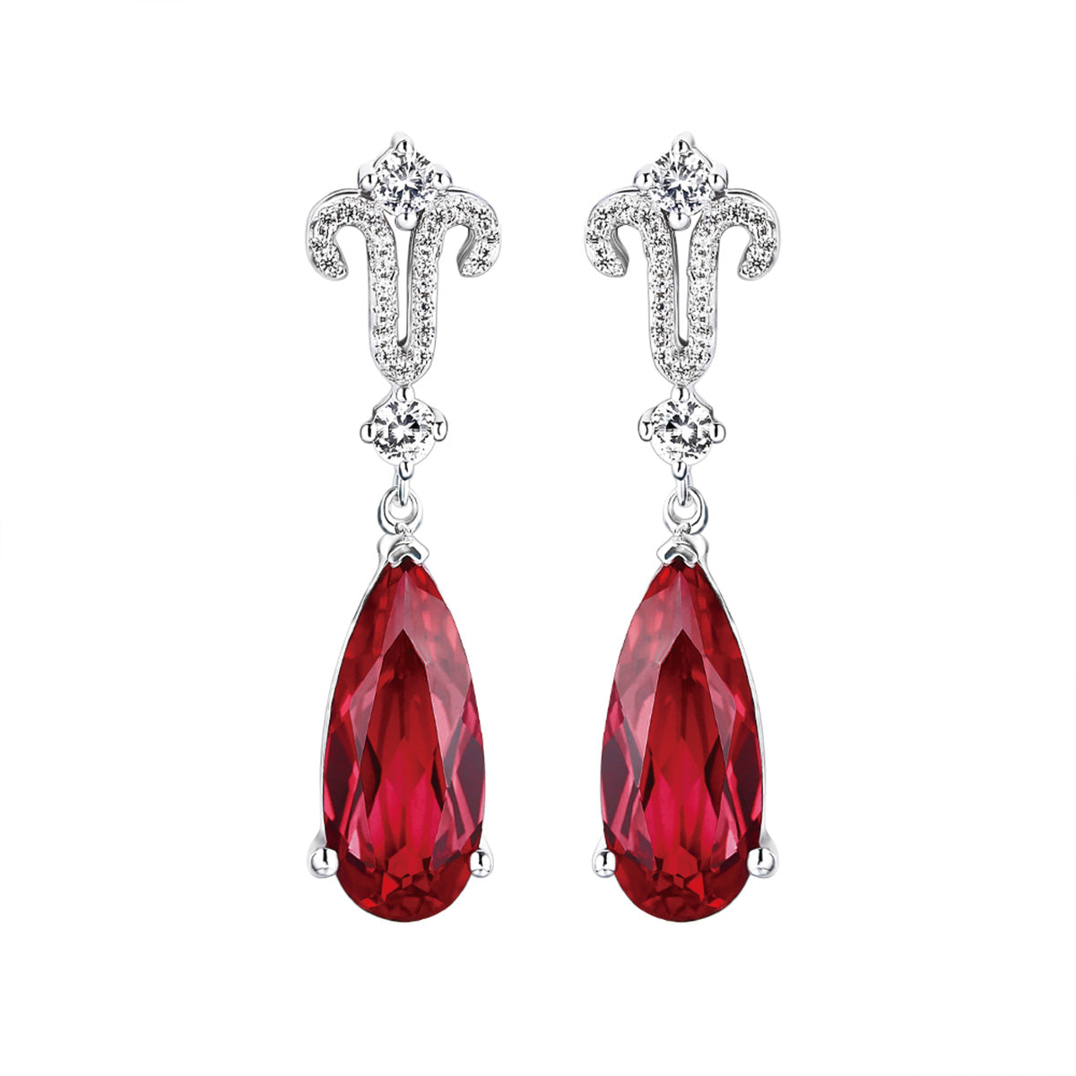 White Gold Full Zultanite Stones Drop Earrings with Pear Brilliant Cut Ruby Gem