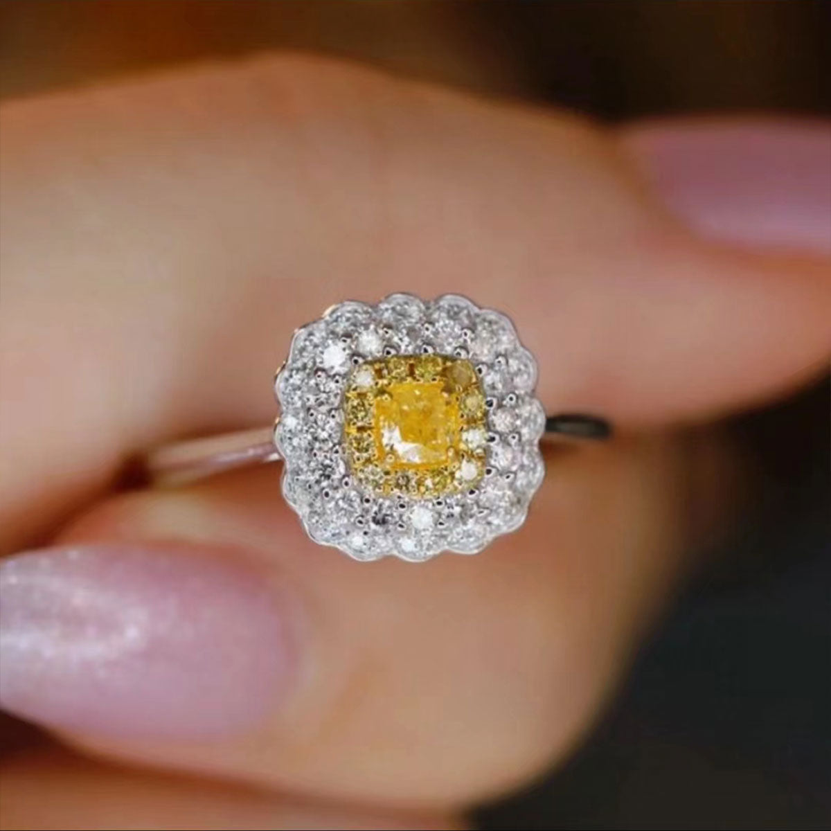 White Gold Cushion Shape Layered Stones Yellow Gem Halo Ring