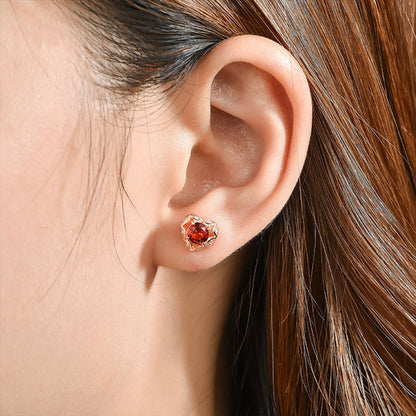 Rose Gold Ruby Garnet Hollow Heart Shape Stud Earrings