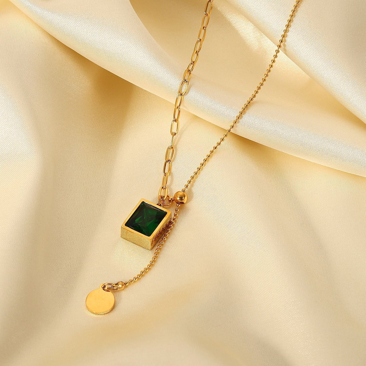 Rectangle Green Crystal Dangle Pendant Chain Necklace