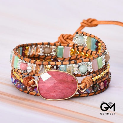 Natural Rhodochrosite Handwoven Ladies Wrap Bracelet