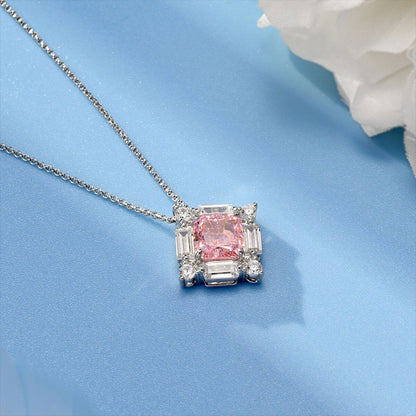 White Gold Square Cut Pink Gem Halo Pendant Chain