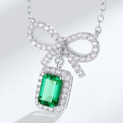 Hollow Bow Tie Emerald Halo Full Stones Pendant Chain