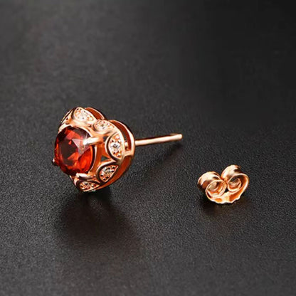 Rose Gold Ruby Garnet Hollow Heart Shape Stud Earrings