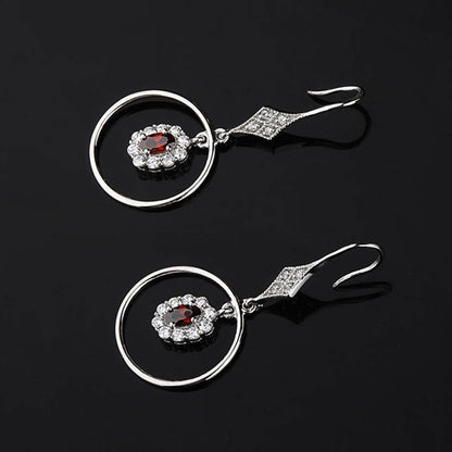 White Gold Olives Shape Ruby Gem Halo Dangle Earrings