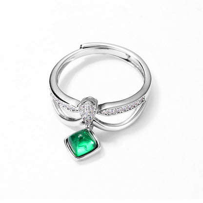 White Gold S925 Dangle Drip Emerald Hollow Adjustable Ring