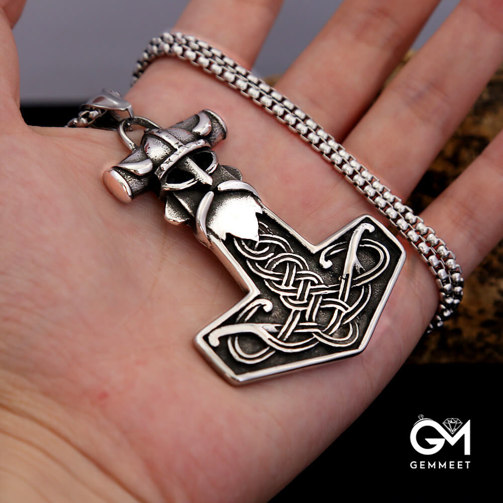 Stainless Steel Thor's Hammer Celtic Viking Warrior Necklace