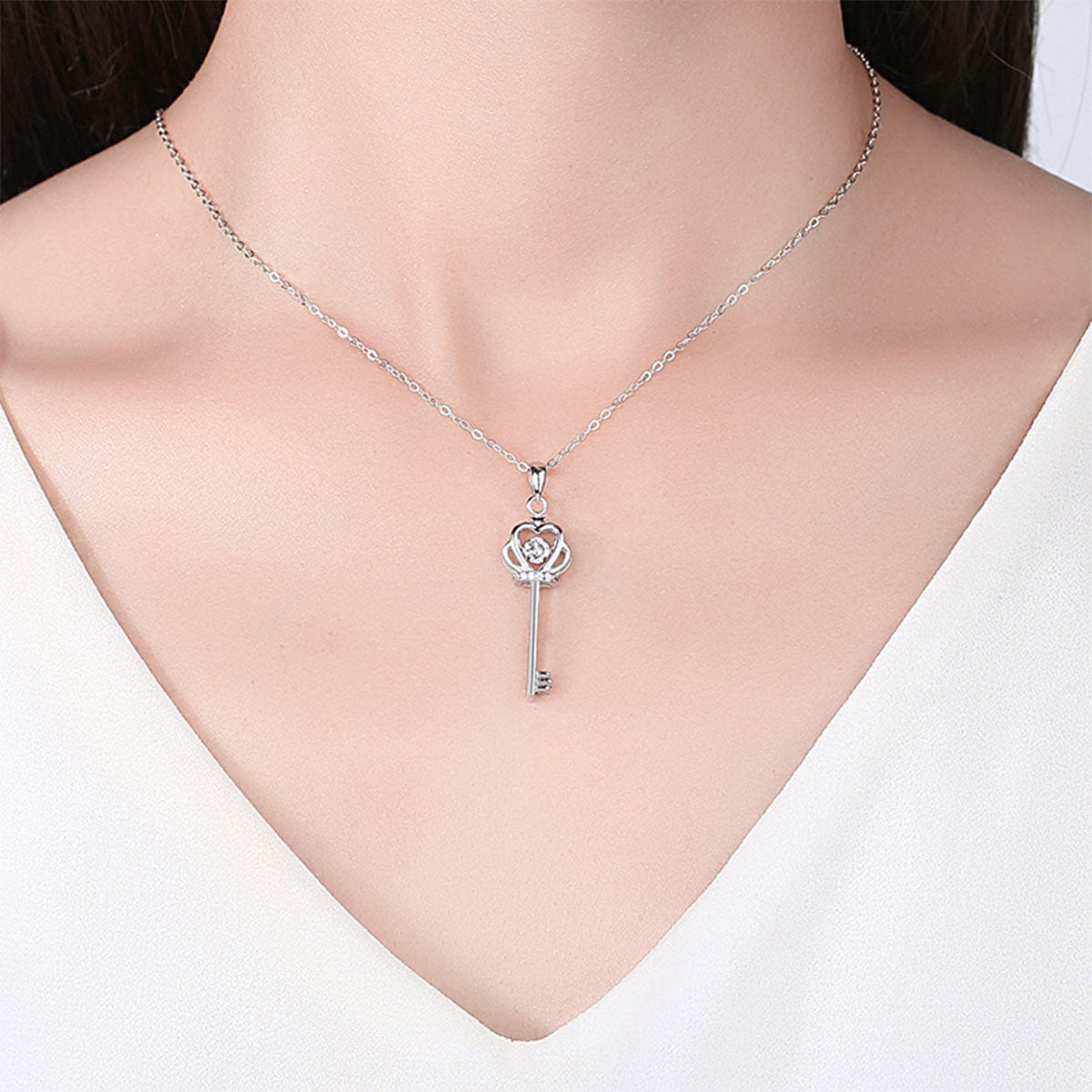 White Gold Crown Key Shape Beating Heart Mossanite Pendant