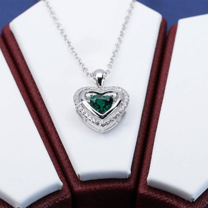 White Gold Halo Heart Beating Emerald Pendant Chain