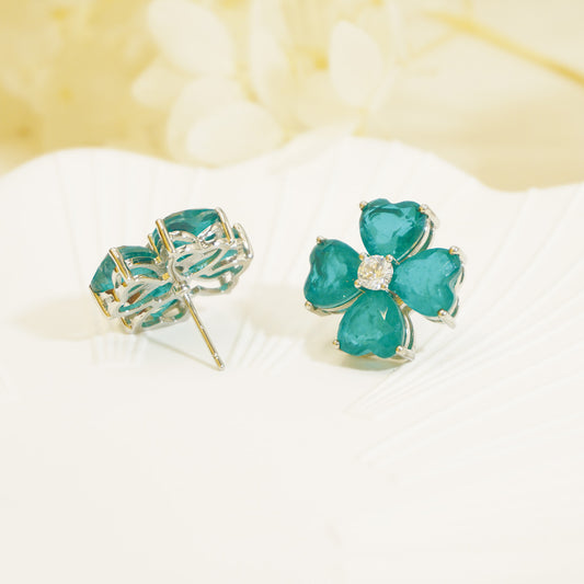 White Gold Four-leaf Clover Stud Earrings with Blue Gem for Women