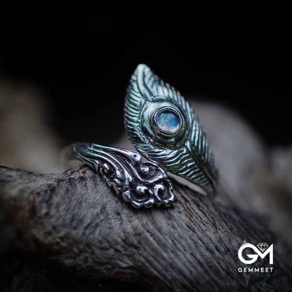 Evil Eye Feather Shape Adjustable Ring