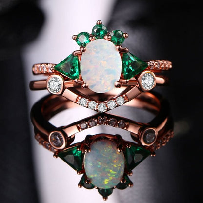 Opal White Zircon Emerald Double Rose Gold Ring